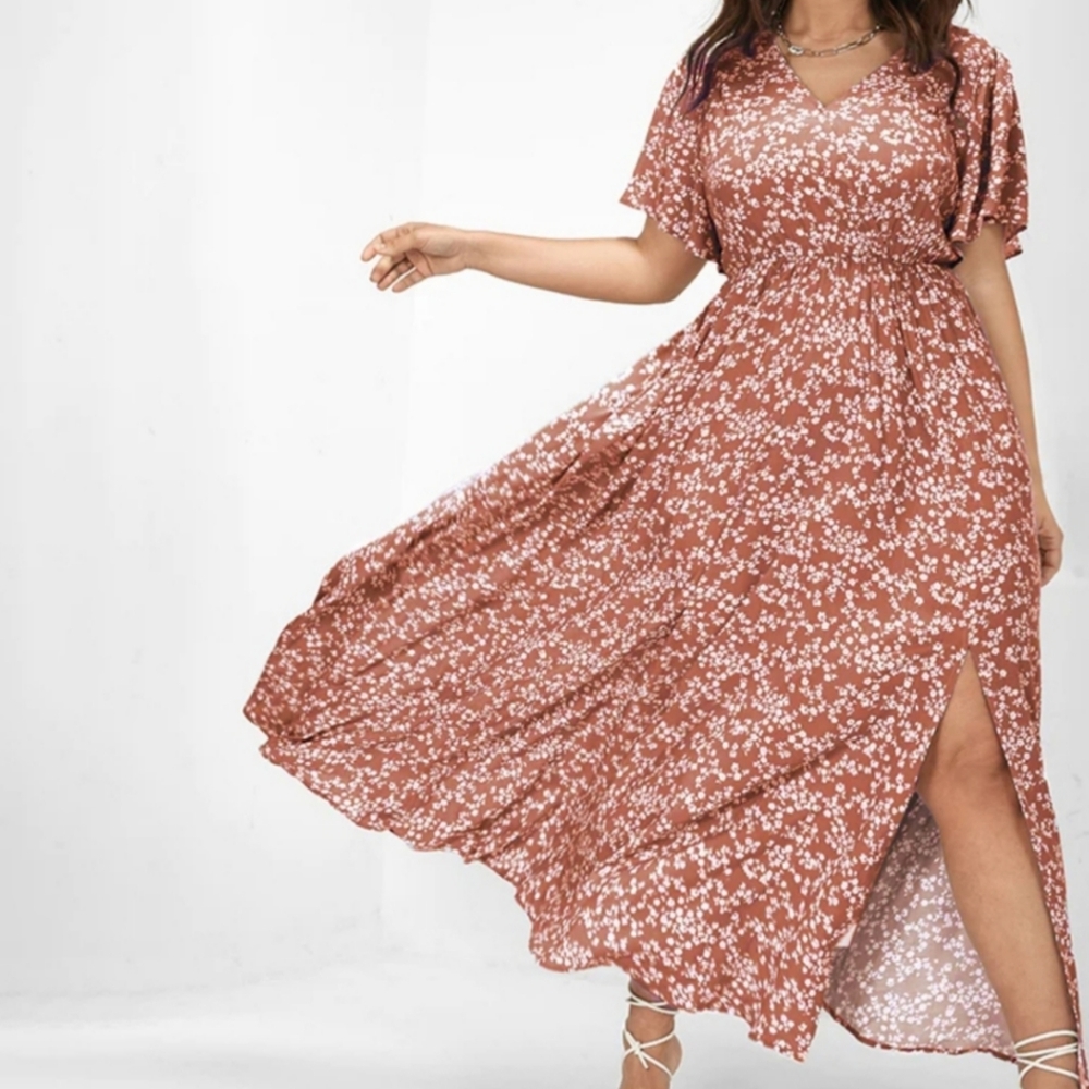 Bloom Dress - Flutter Sleeve Ditsy Floral Pocket Split Maxi Dress (3X 22-24)